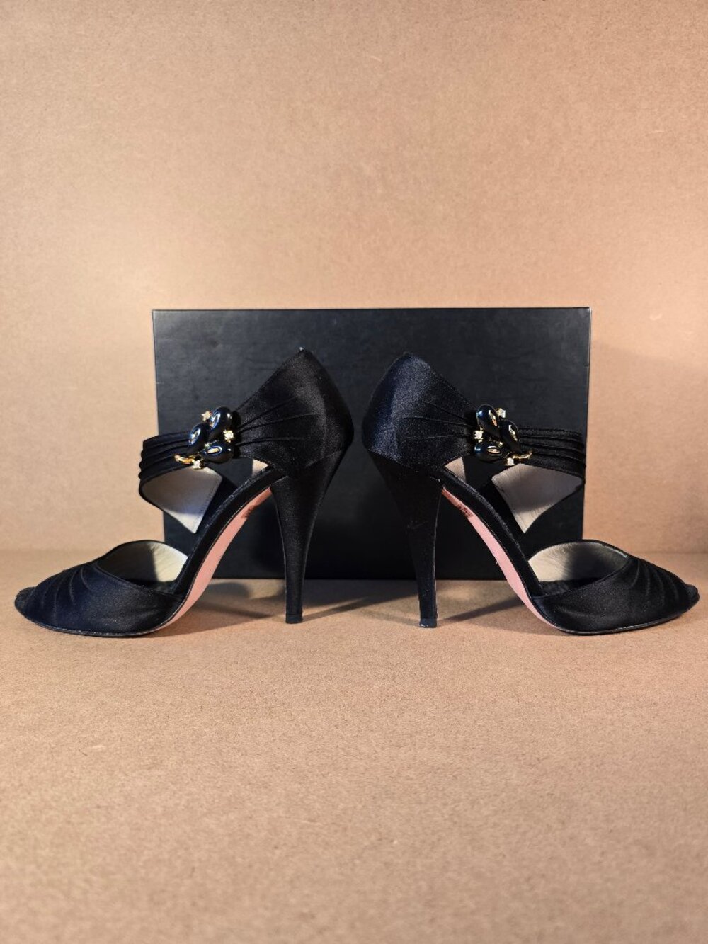 BCBGMaxAzria Black Satin with Rhinestone & Gold and Black Bead Cluster Like New